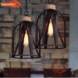 Metal Cage Rope Art Hanging Light With Vintage Style Filament Bulb