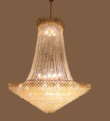 The Golden Finish Metal Body and Crystal Pendant Design Chandelier For Hotel and Home and Temple