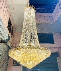 Large Size Golden Look Crystal Decor Design and Gold Finish Metal Body Chandelier For Villa and Mall and Stair Case