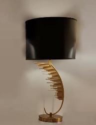 The Small Size Unique Design Golden Finish Base Stand Table Lamp With Black Cloth Shade 