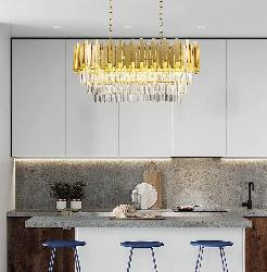 The Golden Finish Body Modern and Luxury Crystal Decor Oval Shape Pattern Ceiling Pendant Design Chandeliers For Dining Living Room and Kitchen