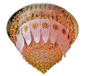 Yellow Colors Crystal and Glass Leaf Decor Ceiling Mount Chandelier With Bluetooth System and Colors Changing Light