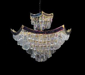 The Two Step Hexagonal Shape Design Crystal Decor and Golden Finish Body Ceiling Pendant Chandelier