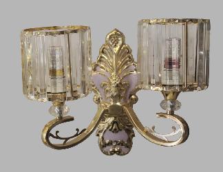 Golden Finish and Shiny Clear Crystal Decor Two Lamp Shade Wall Sconce Lamp With Carved Arm 